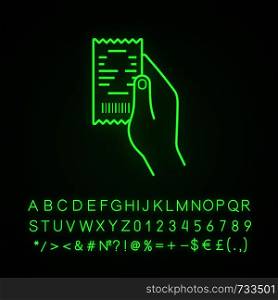 Hand holding cash receipt neon light icon. Paper check. Bill. Glowing sign with alphabet, numbers and symbols. Vector isolated illustration. Hand holding cash receipt neon light icon
