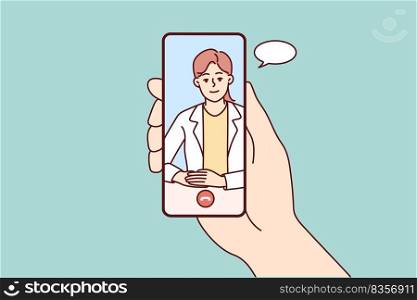 Hand holding cellphone have online consultation with doctor. Person talk on video call with GP in smartphone. Remote consulting. Vector illustration. . Person have online call with doctor 