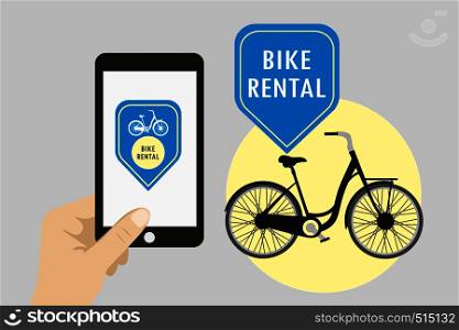 Hand holding cellphone with bike rental app,bike and sign about rent on background,cartoon vector illustration. Hand holding cellphone with bike rental app