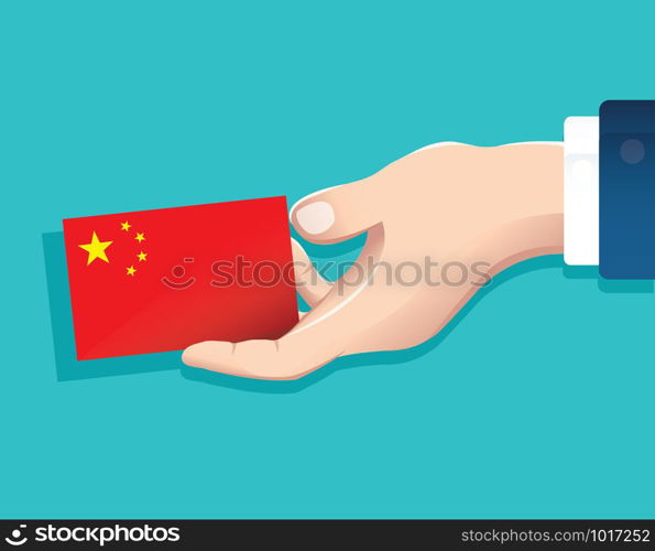 hand holding China flag card with blue background. vector illustration eps10