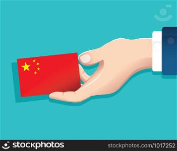 hand holding China flag card with blue background. vector illustration eps10