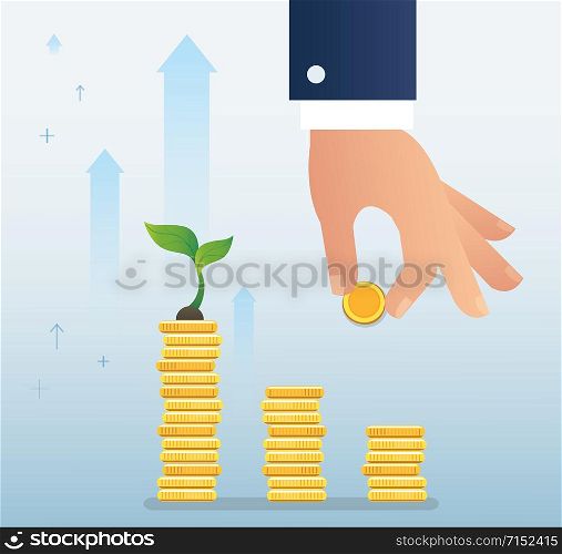 hand holding coin and plant growth on coins graph, startup business concept vector illustration