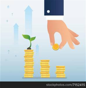 hand holding coin and plant growth on coins graph, startup business concept vector illustration