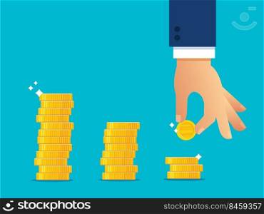 hand holding coin and stack of coins vector illustration