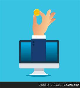 hand holding coin with computer. financial application