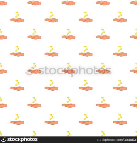 Hand holding coins pattern. Cartoon illustration of hand holding coins vector pattern for web. Hand holding coins pattern, cartoon style