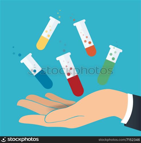 hand holding colorful laboratory filled with a clear liquid and blue background