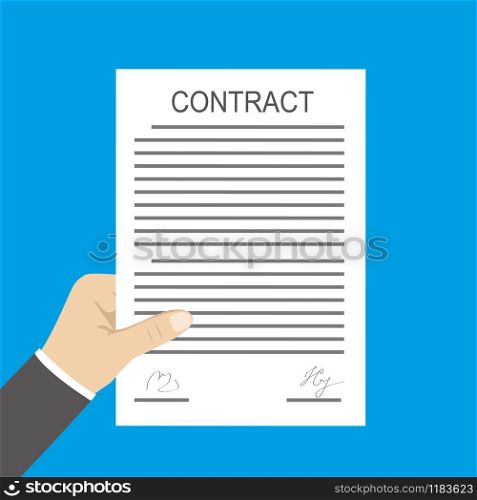 Hand holding contract document,isolated on blue background,flat vector illustration. Hand holding contract document