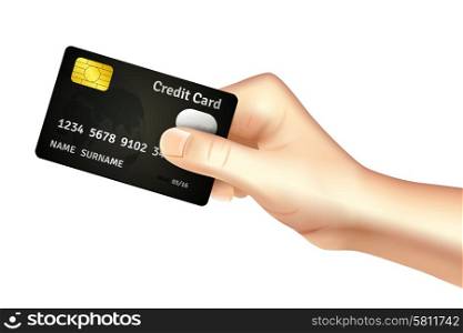 Hand holding credit card for deposit cash withdrawal and money transfer operations promotion poster abstract vector illustration. Hand holding credit card icon