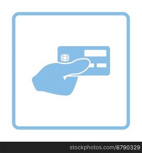 Hand holding credit card icon. Blue frame design. Vector illustration.