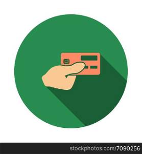 Hand Holding Credit Card Icon. Flat Circle Stencil Design With Long Shadow. Vector Illustration.