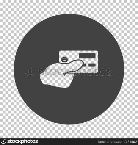 Hand holding credit card icon. Subtract stencil design on tranparency grid. Vector illustration.