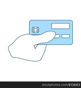 Hand Holding Credit Card Icon. Thin Line With Blue Fill Design. Vector Illustration.