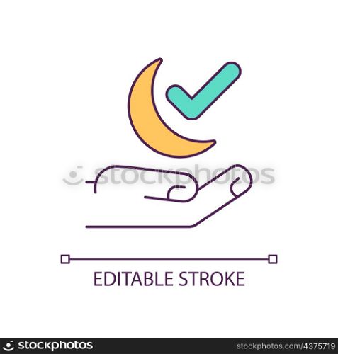 Hand holding crescent and check mark RGB color icon. Better sleep quality. Health and wellbeing. Isolated vector illustration. Simple filled line drawing. Editable stroke. Arial font used. Hand holding crescent and check mark RGB color icon