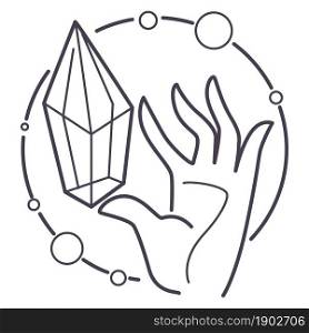 Hand holding crystal or gem, magical stone helping to find way. Esoteric and occult symbols. Circle with bubbles and diamond, talisman of witch or sorcerer. Colorless line art, vector in flat style. Magic stone or crystal in hands, occult esoteric