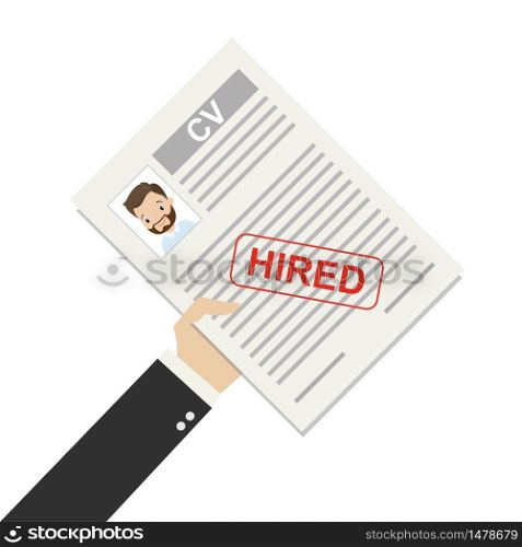 Hand holding CV resume page,hired stamp,job search concept,isolated on white background,flat vector illustration