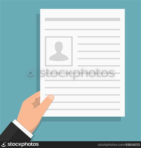 Hand Holding Document. Hand holding white paper with text - document, contract, agreement, newspaper, etc, flat design, vector eps10 illustration