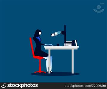 Hand holding dollar banknote coming out from computer monitor. Concept business finance vector illustration. Profit.