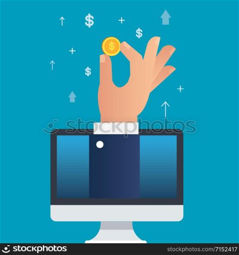 hand holding dollar coin through computer vector illustration, business concept