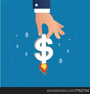 hand holding dollar icon rising as a rocket increase value on international financial markets symbol, business concept