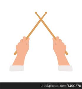 Hand holding drum stick. Crossed wooden drumsticks. Isolated on white background. Top view. Vector llustration in flat and cartoon style. Hand holding drum stick. Crossed wooden drumsticks. Isolated on white background. Top view. Vector llustration