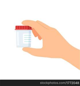 Hand holding empty urine plastic container on white background. Vector illustration in flat style. Hand holding empty urine plastic container