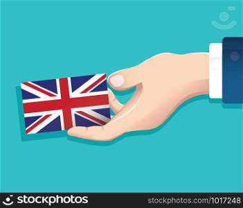 hand holding England flag card with blue background. vector illustration eps10