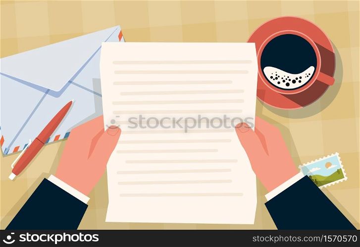 Hand holding envelope. Correspondence paper letter and stamps, coffee cup and pen on table, postal mailing preparation, top view vector cartoon flat concept. Hand holding envelope. Correspondence paper letter and stamps, coffee cup and pen on table, postal mailing preparation vector concept