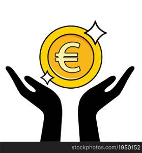 hand holding Euro gold coin. vector illustration