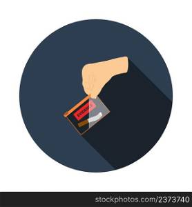 Hand Holding Evidence Pocket Icon. Flat Circle Stencil Design With Long Shadow. Vector Illustration.