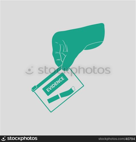 Hand holding evidence pocket icon. Gray background with green. Vector illustration.