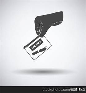Hand holding evidence pocket icon on gray background with round shadow. Vector illustration.