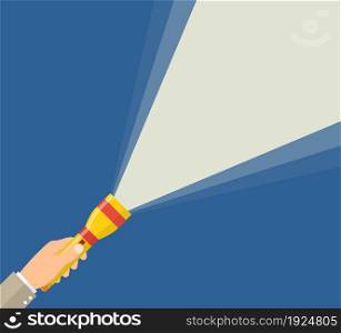 Hand holding flashlight. Web search concept. Electric spotlight. Beam light. Vector illustration in flat style. Hand holding flashlight.