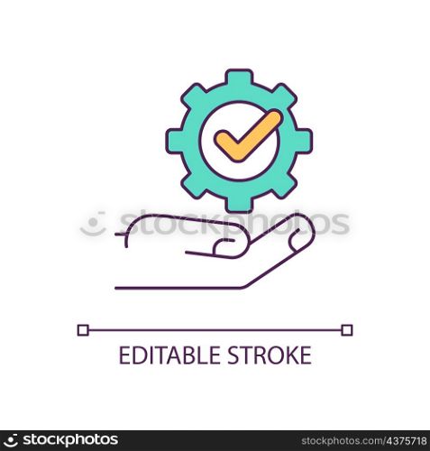 Hand holding gear with check mark RGB color icon. Business and startup. Technology innovation. Isolated vector illustration. Simple filled line drawing. Editable stroke. Arial font used. Hand holding gear with check mark RGB color icon