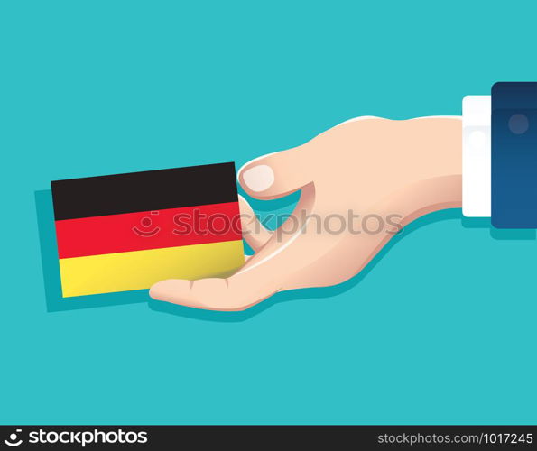 hand holding Germany flag card with blue background. vector illustration eps10