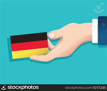 hand holding Germany flag card with blue background. vector illustration eps10