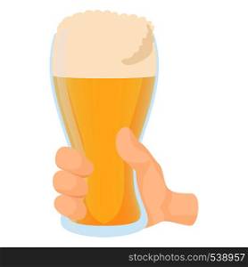 Hand holding glass of beer icon in cartoon style on a white background. Hand holding glass of beer icon, cartoon style