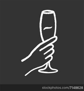 Hand holding glass of wine chalk icon. Champagne stemware. Glassful of alcohol beverage. Wine service. Celebration. Wedding. Tasting, degustation. Cheers. Isolated vector chalkboard illustration