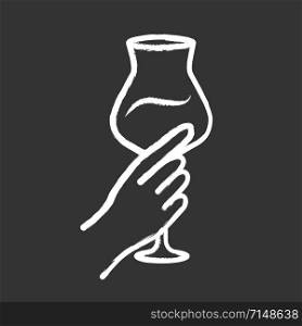 Hand holding glass of wine chalk icon. Glassful of alcohol drink. Wine service. Glassware. Celebration, party. Wedding. Cheers. Tasting, degustation. Isolated vector chalkboard illustration