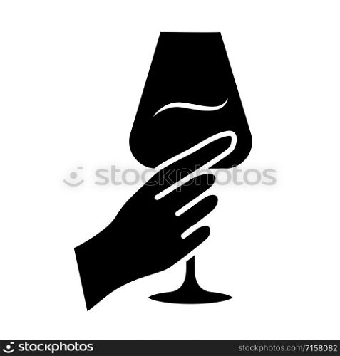 Hand holding glass of wine glyph icon. Glassful of alcohol beverage. Wine service. Glassware. Celebration, party. Toast. Cheers. Silhouette symbol. Negative space. Vector isolated illustration