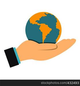 Hand holding globe icon flat isolated on white background vector illustration. Hand holding globe icon isolated