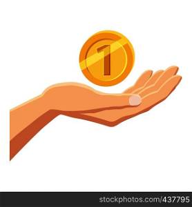 Hand holding gold coin icon. Cartoon illustration of hand holding gold coin vector icon for web. Hand holding gold coin icon, cartoon style