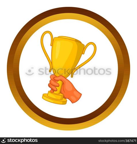 Hand holding gold trophy cup vector icon in golden circle, cartoon style isolated on white background. Hand holding gold trophy cup vector icon