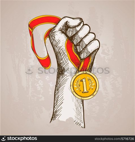 Hand holding golden medal champion prize winner reward sketch vector illustration