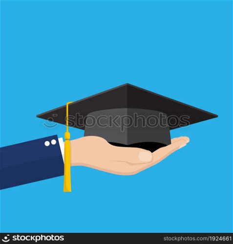 Hand holding graduation cap. Isolated on white background. Give education concept. vector illustration in flat style. Hand holding graduation cap.