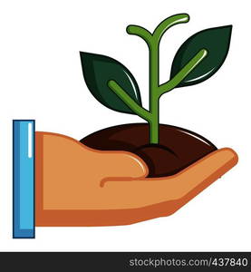 Hand holding green sprout icon. Cartoon illustration of hand holding green sprout vector icon for web. Hand holding green sprout icon, cartoon style