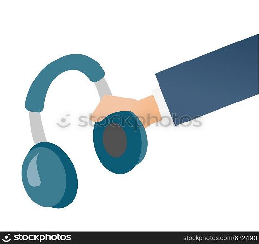 Hand holding headphone vector cartoon illustration isolated on white background.. Hand holding headphone vector cartoon illustration