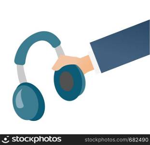 Hand holding headphone vector cartoon illustration isolated on white background.. Hand holding headphone vector cartoon illustration