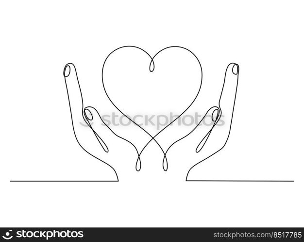 Hand holding heart continuous one line drawing. Vector isolated on white. 