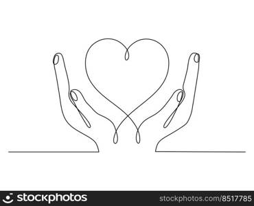 Hand holding heart continuous one line drawing. Vector isolated on white. 